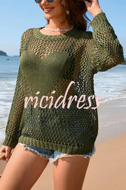 Solid Color Round Neck Long Sleeve Heart Knitted Beach Cover Up