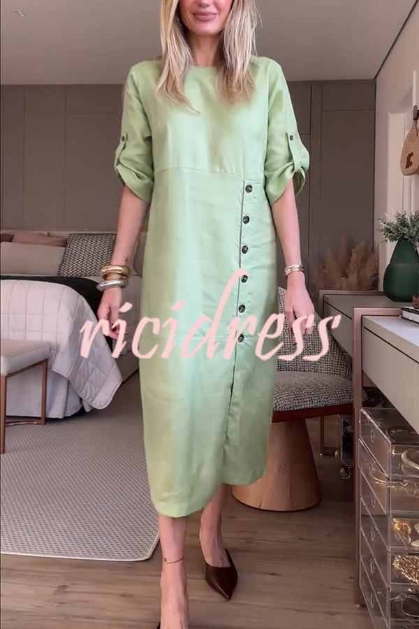 Ultra-comfortable Linen Blend Half Sleeve Front Button Detail Relaxed Pocket Midi Dress