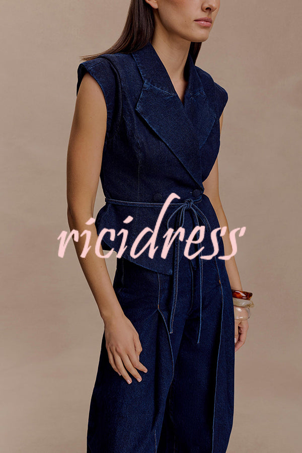 Charley Denim Button Up Cap Short Sleeve Structured Tie-up Lapel Top