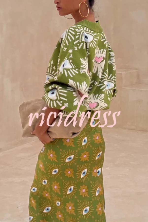 Mysterious Magic Knit Eye Heart Pattern Button Up Long Sleeve Loose Cardigan