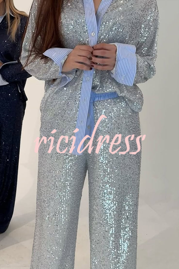 Fashion Sequined Loose Long-sleeved Shirt and Casual Elastic Waist Wide-leg Pants Set