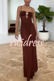 Espresso Sexy Mesh Floral Hardware Slip Stretch Maxi Dress