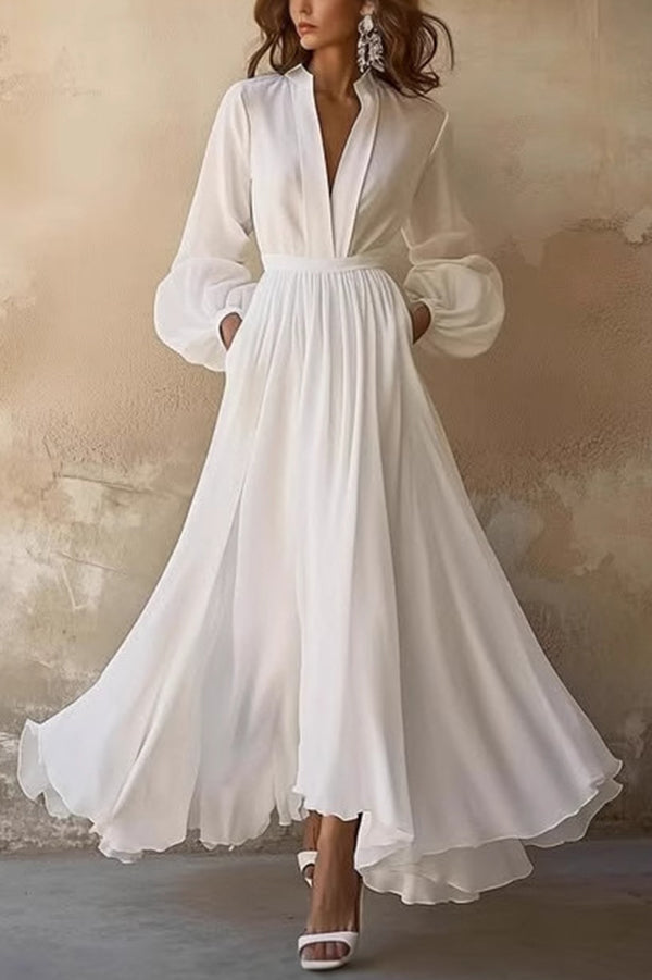 Solid Color V-neck Long Sleeve Casual Waist Midi Dress