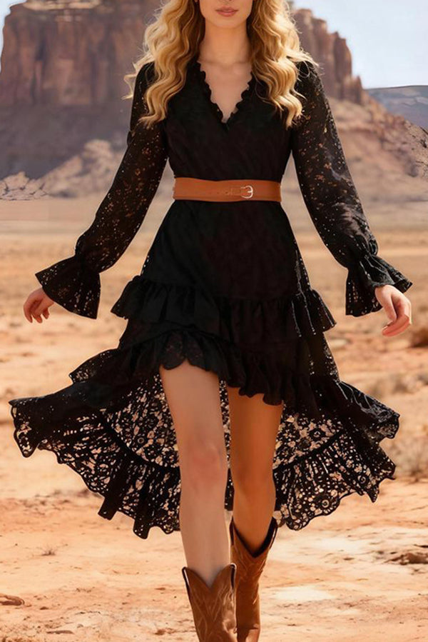 Fashionable Lace V-neck Long-sleeved Irregular Ruffle Midi Dress