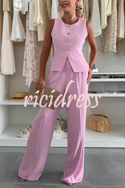 Workplace Chic Sleeveless Button Vest and Relaxed Pocket Wide Leg Pants Set