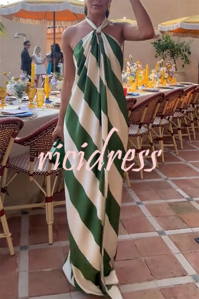 Most Dreamy Stripe Print Halter Tie-up Backless Pocket Loose Maxi Dress