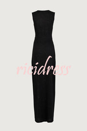 Beautiful Figure Shiny Knit Fabric Cutout Side Slit Stretch Vacation Maxi Dress