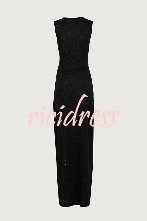 Beautiful Figure Shiny Knit Fabric Cutout Side Slit Stretch Vacation Maxi Dress