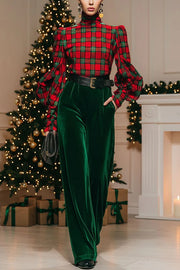 Retro Plaid Turtleneck Long Balloon Sleeve Top and Velvet Pocket Wide Leg Pants Set
