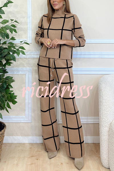 Fashionable Plaid Turtleneck Long Sleeve Top and Elastic Waist Tie Pocket Pants Set