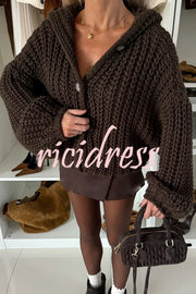 Warm Day Knit Button Up Long Balloon Sleeve Hooded Loose Cardigan