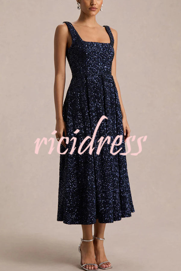 Effortless Sparkle Sequin Square Neck Wide Strap A-Line Midi Dress