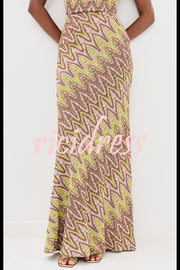 Moonlit Waltz Knit Jacquard Zigzag Print High Rise Stretch Flare Maxi Skirt