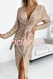 Coralia Sequin V-neck Long Sleeve Twist Waist Front Slit Midi Dress