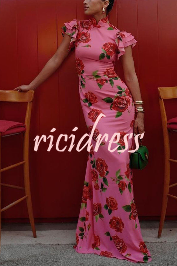 Cheongsam Style Rose Floral Print Tiered Flare Sleeve Stretch Maxi Dress