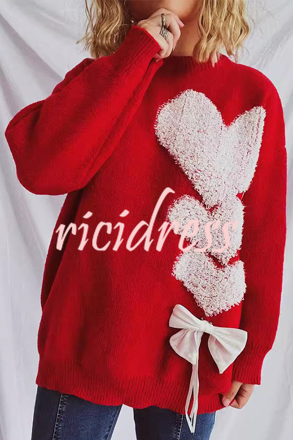 Love Jacquard Loose Cute Bowknitted Long Sleeve Sweater