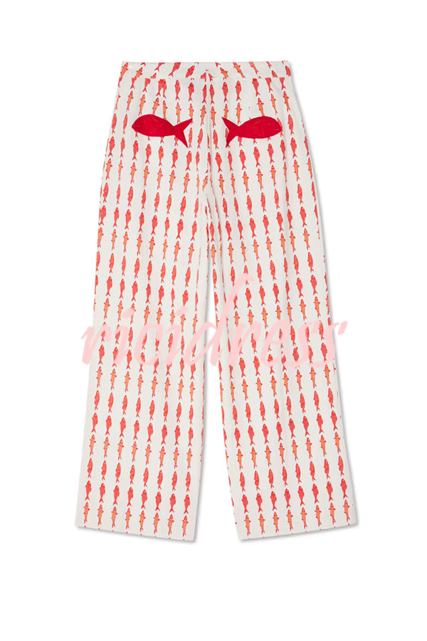 Good Luck Linen Blend Koi Pattern High Rise Elastic Waist Loose Pants