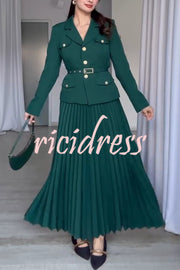 Solid Color Lapel Button Belt Blazer and Pleated Casual Maxi Skirt Set
