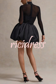 Elegant Mesh High Neck Long Sleeve Puff Hem Slim Sexy Mini Dress