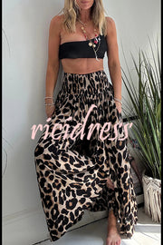 Stella Leopard Print High Rise Smocked Waist Pocketed Wide Leg Pants