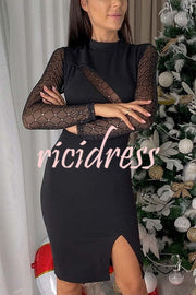 Fashionable Semi-sheer Long-sleeved Hollow Slim Mini Dress