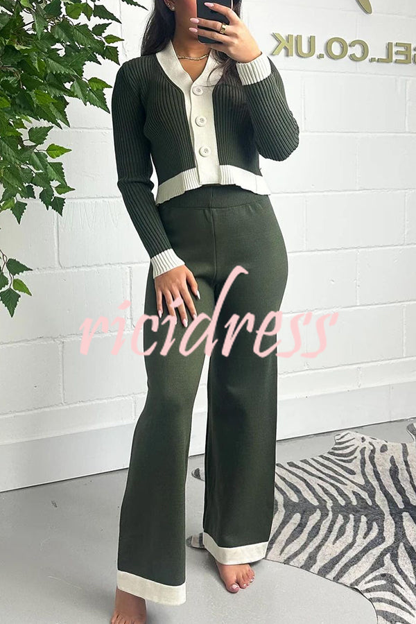 Fashionable Knit Colorblock Long Sleeve Cardigan and Elastic Waist Loose Stretch Pants Set