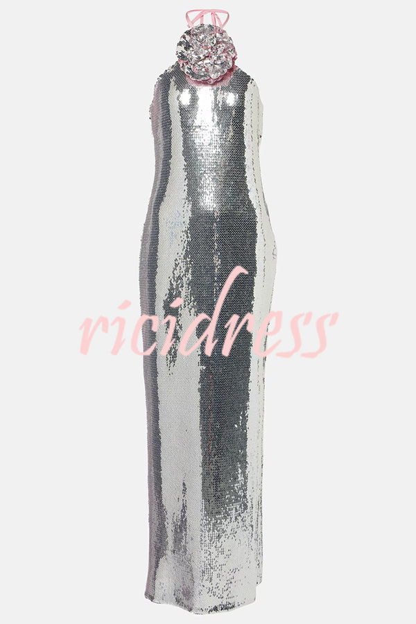 Moonlit Blooms Sequin Floral-appliqué Halter Neck Slit Gown Maxi Dress