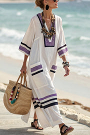 Striped Print V-Neck Casual Loose Pocket Maxi Dress