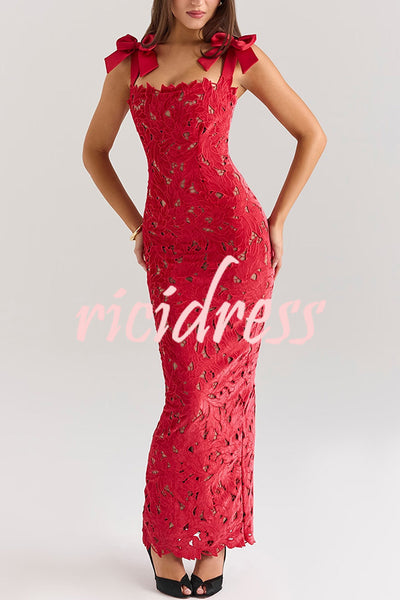 Holiday Intimacy Embroidered Floral Lace Bow Shoulder Straps Slit Maxi Dress