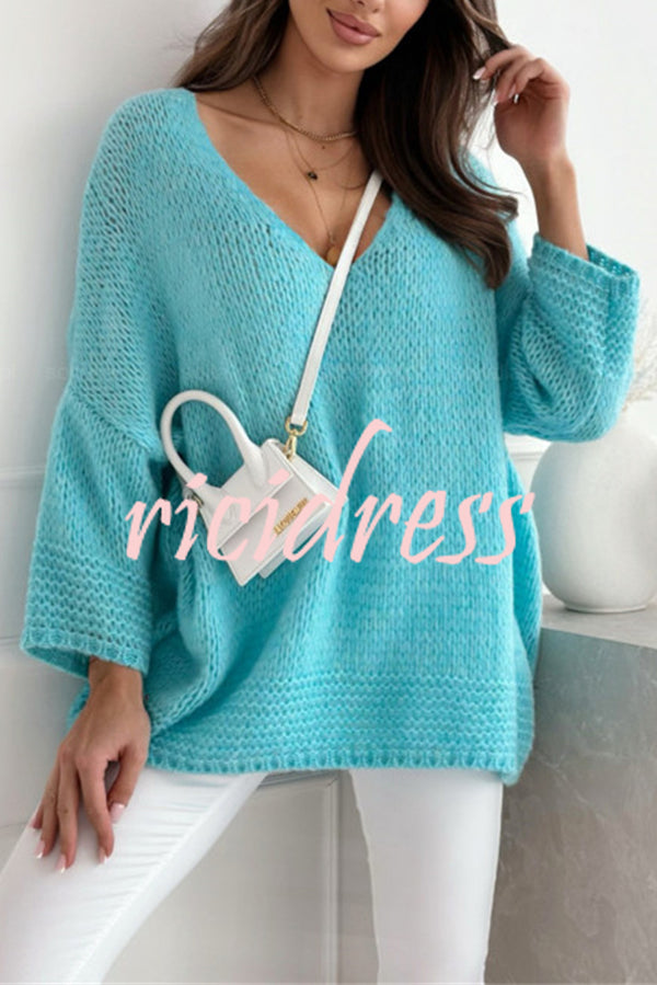 Solid Color Loose V-neck Casual Knitted Sweater