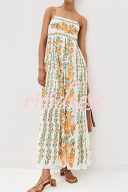 Summer Dreamer Linen Blend Unique Print Beaded Straps Pocketed Maxi Dress