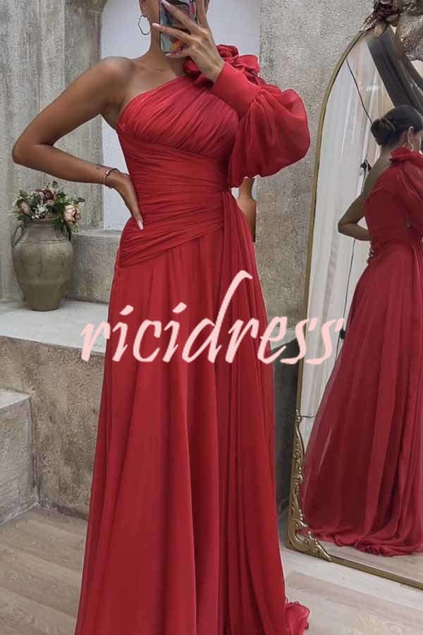 Pretty First Solid Color Floral Pleated One Shoulder Sleeve Slit Maxi Dress