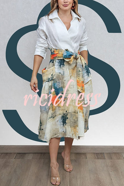 Jiles Linen Blend Unique Contrast Print Long Sleeve Tie-up Pocket Shirt Midi Dress