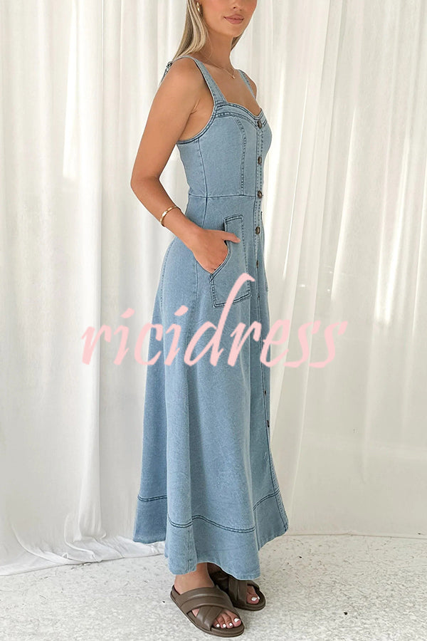 Solid Color Suspender Pocket Button Slim Denim Midi Dress