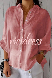 Linen Blend Solid Color Tie Back Loose Shirt Top