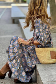 Bohemian Unique Print Puff Sleeve Lace-up Loose Holiday Maxi Dress