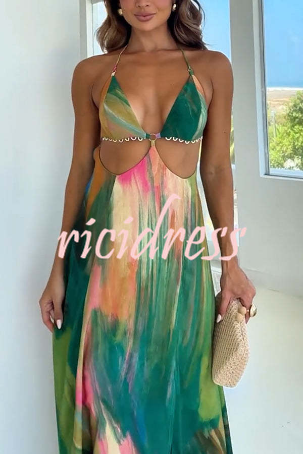 Andie Splash Ink Printed Cutout Back Tie-up Slit Vacation Maxi Dress