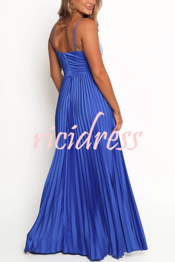 Catch The Light Satin Pleated V-neck Slip Maxi Dress