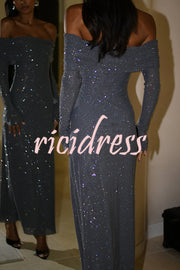 Sexy Shiny Off-The-Shoulder Long-Sleeved Fitted Maxi Dress