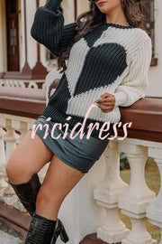 Round Neck Bell Sleeves Heart Contrast Knitted Long Sleeved Sweater