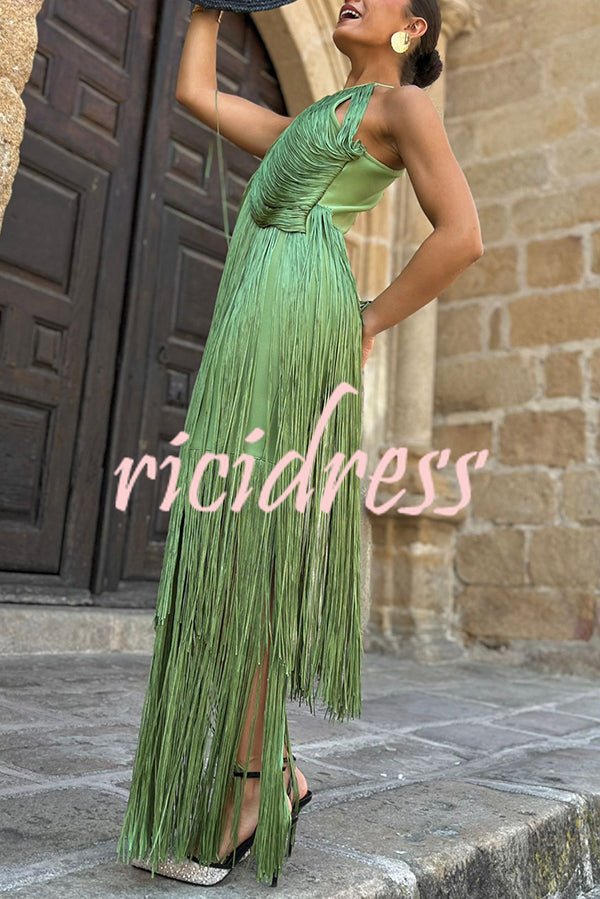 Fashion Sleeveless Halter Neck Elegant Tassel Slim Maxi Dress
