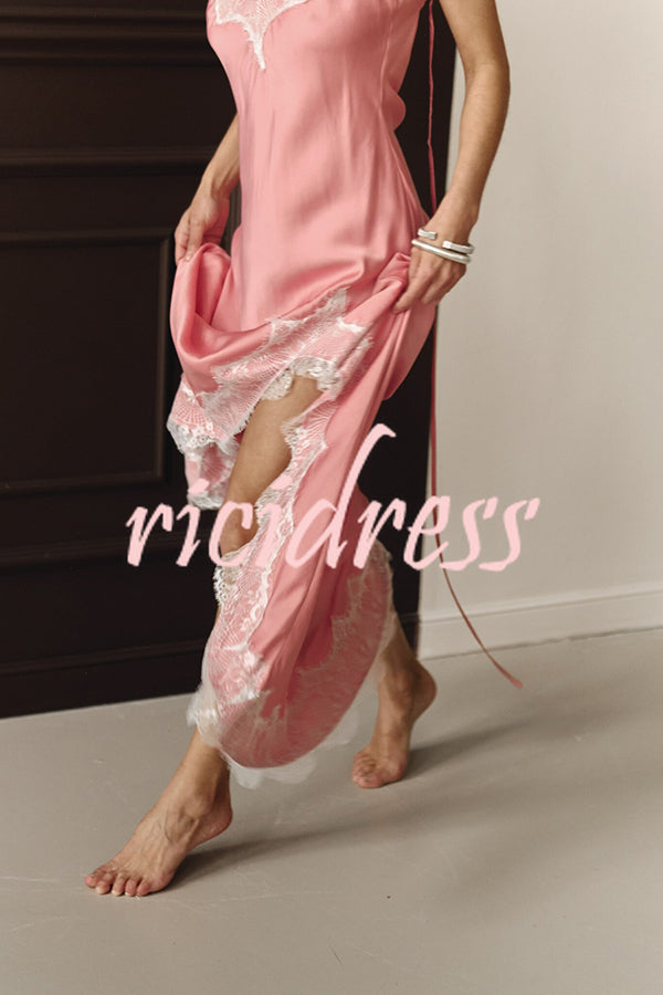 Breezy City Fall SatinLace Petal Trim Slip Tie-up H-line Slit Maxi Dress