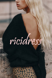 Chunky Season Knit Mohair-blend Long Sleeve Open Back Knot Design Loose Sweater