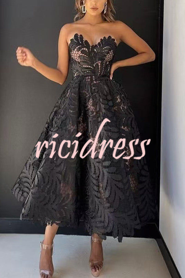 Elegant Openwork Lace Strapless Full-hem Midi Dress