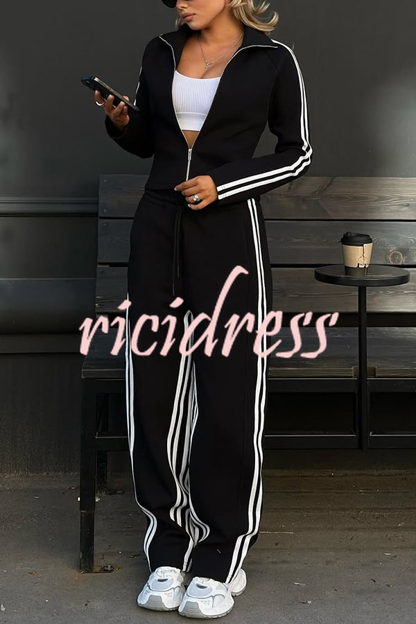 Fashionable Sports Style Striped Long-sleeved Jacket and Elastic Waist Casual Pants Set