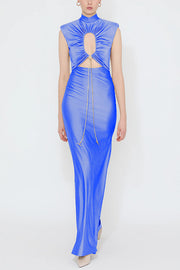 Genis Hollow Elastic Bust High Neck Sleeveless Gathered Maxi Dress