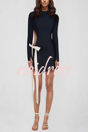 Fashionable Long-sleeved Hollowed-out Bow Slim-fit Mini Dress