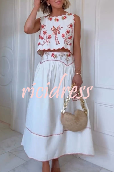 Celsey Embroidered Print Scallop Trim Lace-up Top and Elastic Waist Pocket Maxi Skirt Set