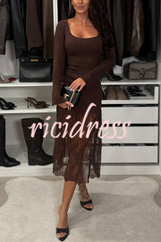 Ellie Ribbed Knit Square Neck Long Sleeve Lace Patchwork Hem Midi Dress