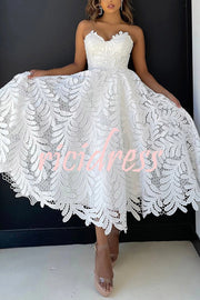 Elegant Openwork Lace Strapless Full-hem Midi Dress